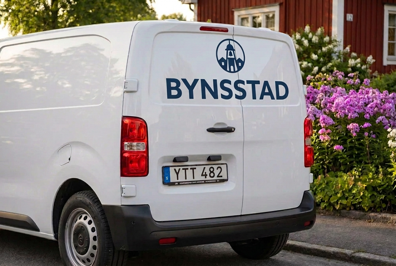 En vit firmabil, inzoomad på baksidan, med logga och firmanamn men utan webbadress