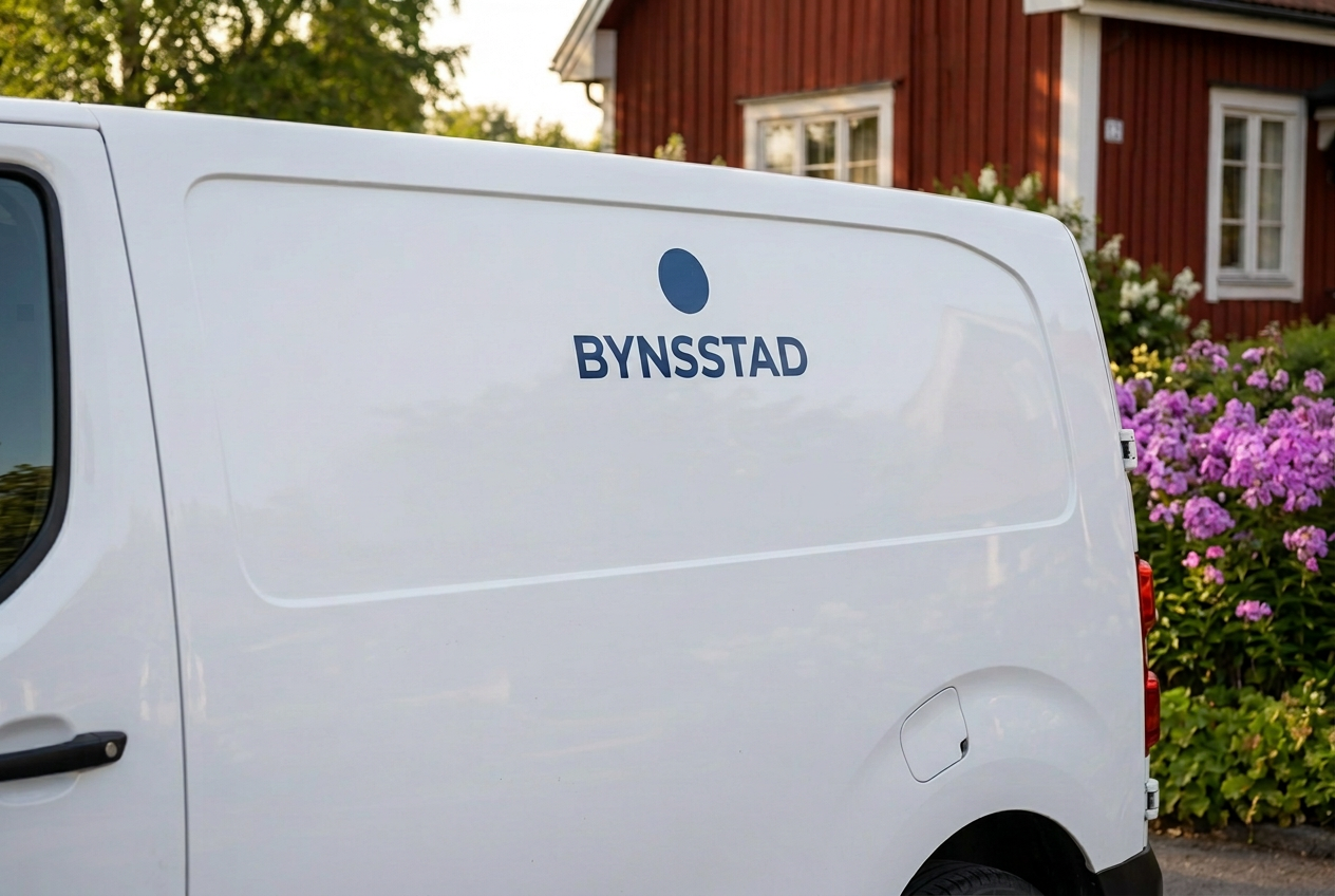 En vit firmabil, inzoomad på sidan, med logga och firmanamn men utan webbadress