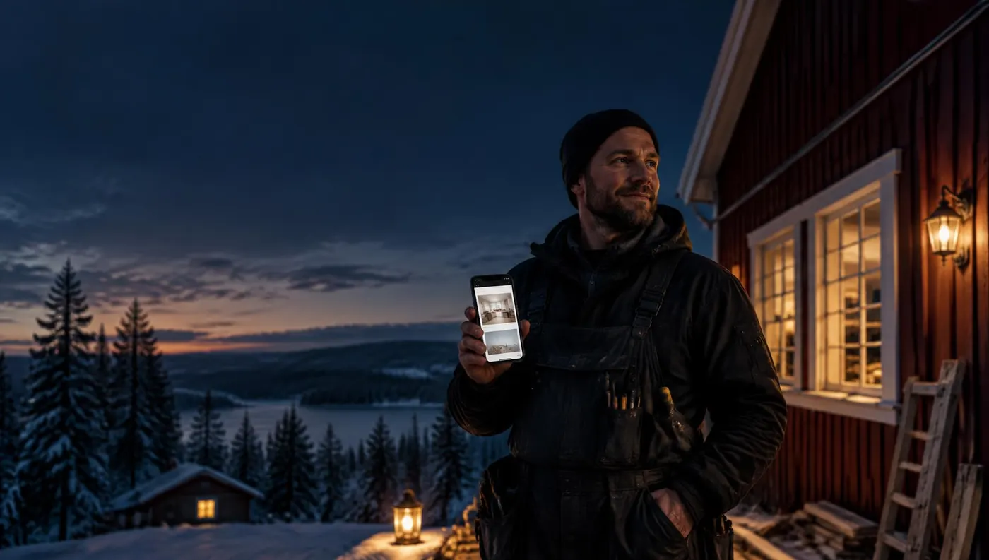 Hantverkare utanför ett rött trähus i skymningen