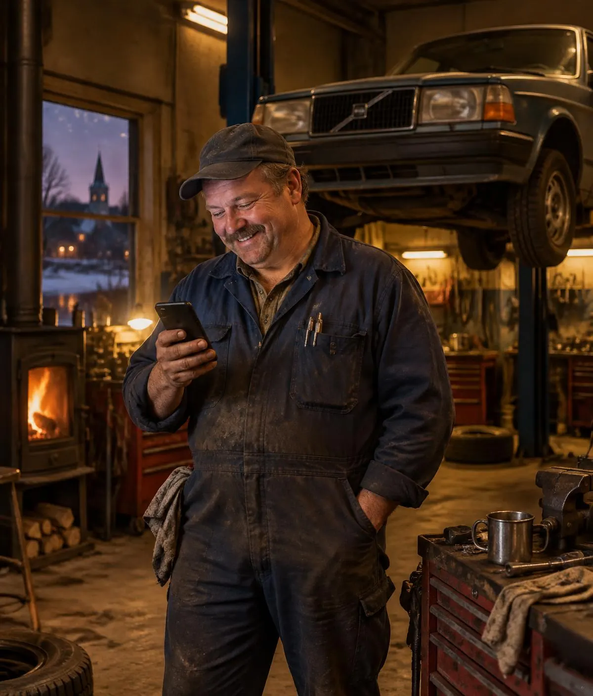Mekaniker i sin verkstad som ler mot mobilen när en ny kund hör av sig