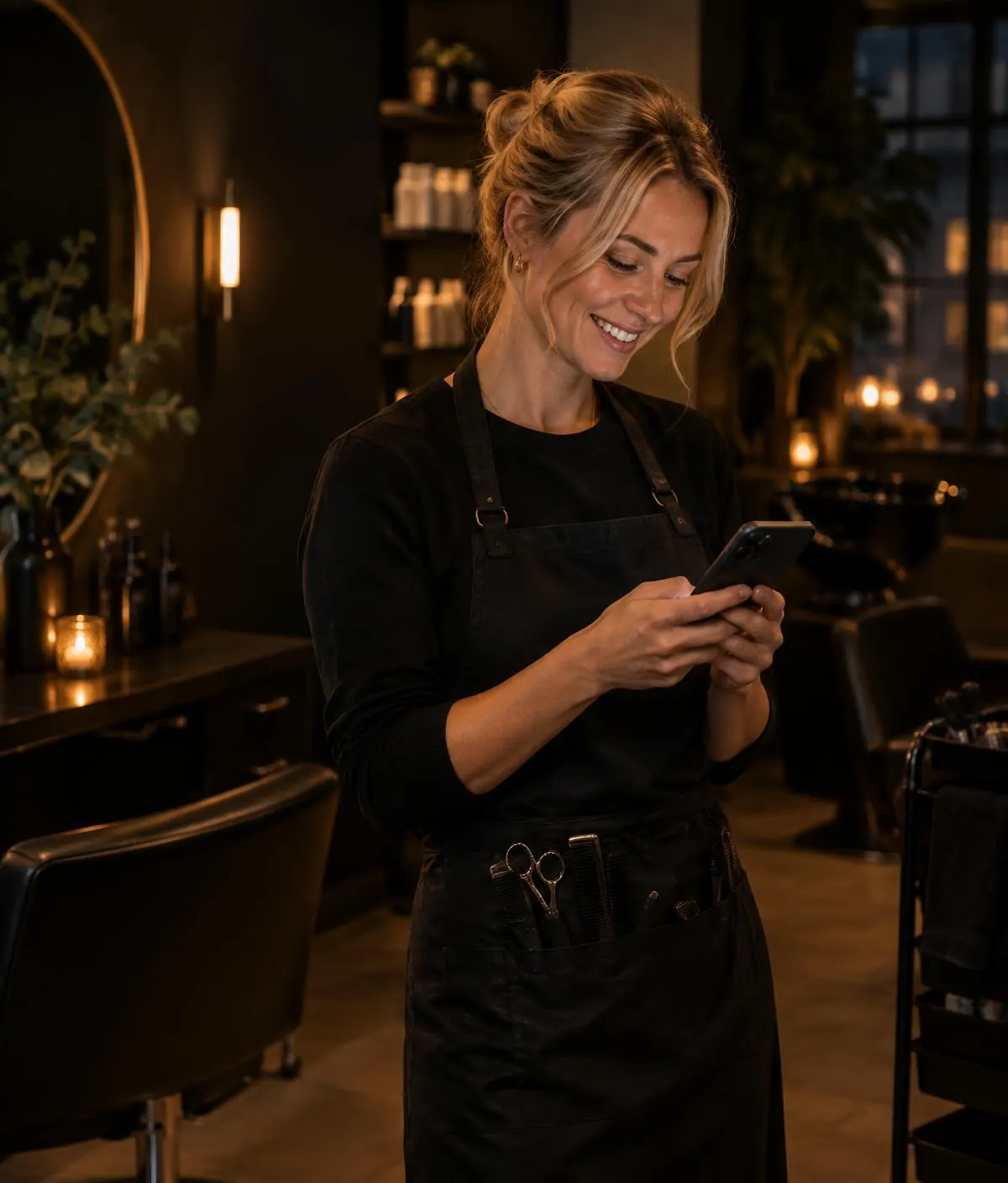 Frisör i sin salong som ler mot mobilen när en kund bokar